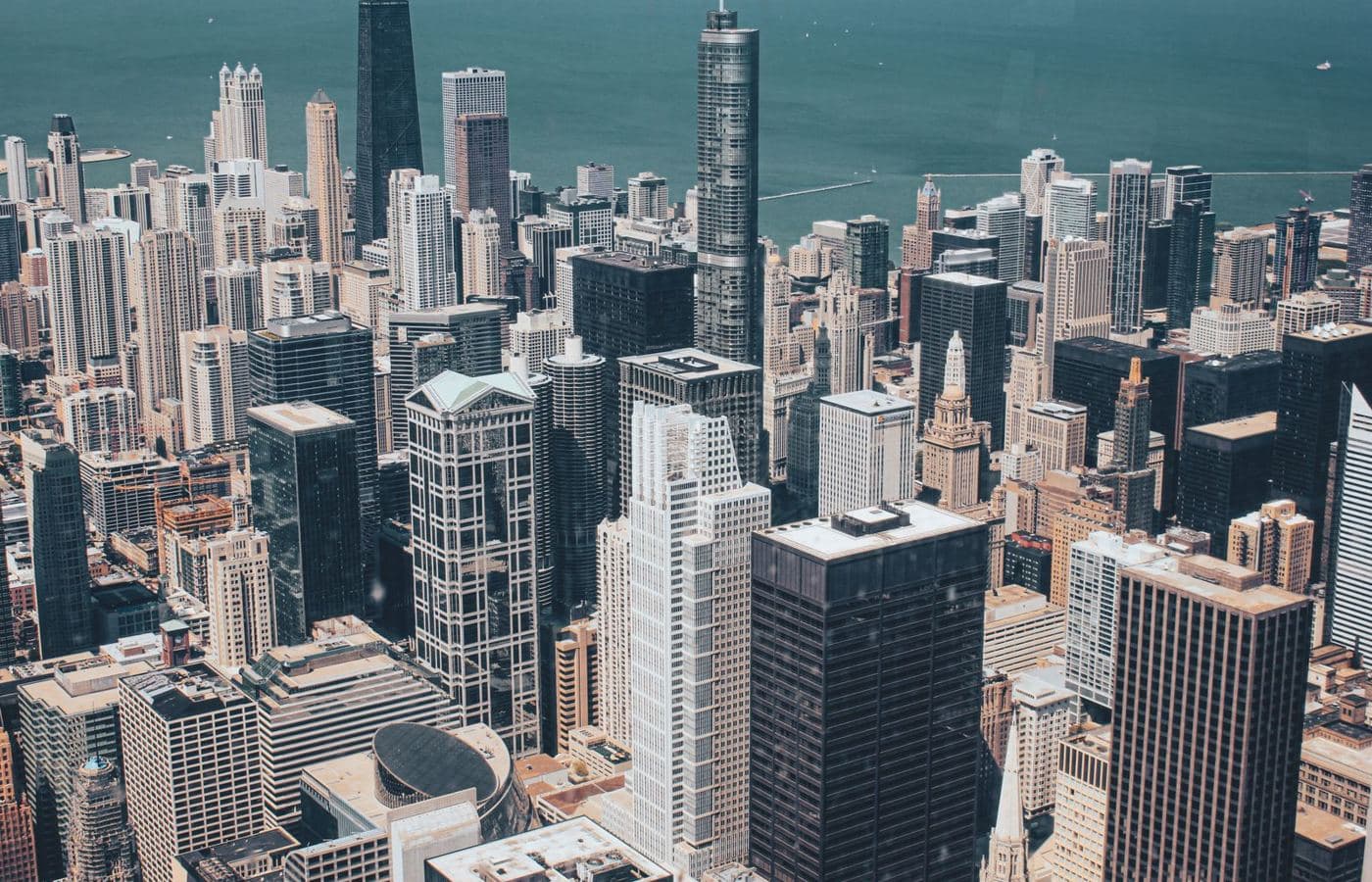 An aerial view of a city skyline