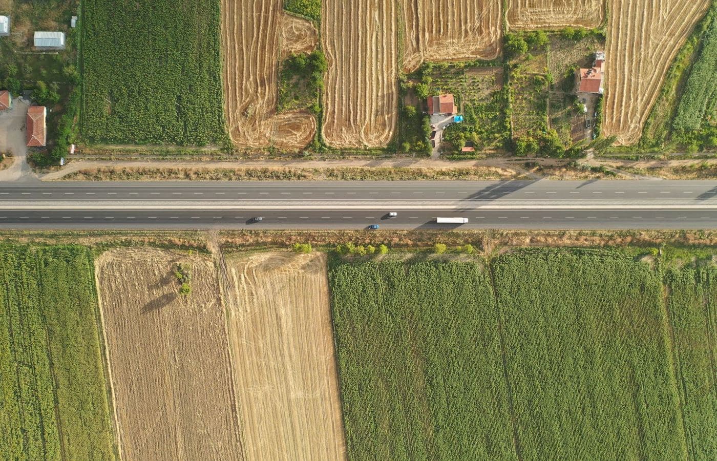 An aerial view of farmland fields